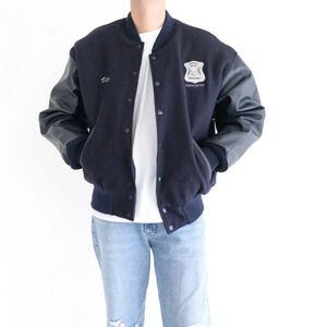 VTG Reed Sportswear Navy 100% Wool And Leather Detroit Police Supporter Jacket L